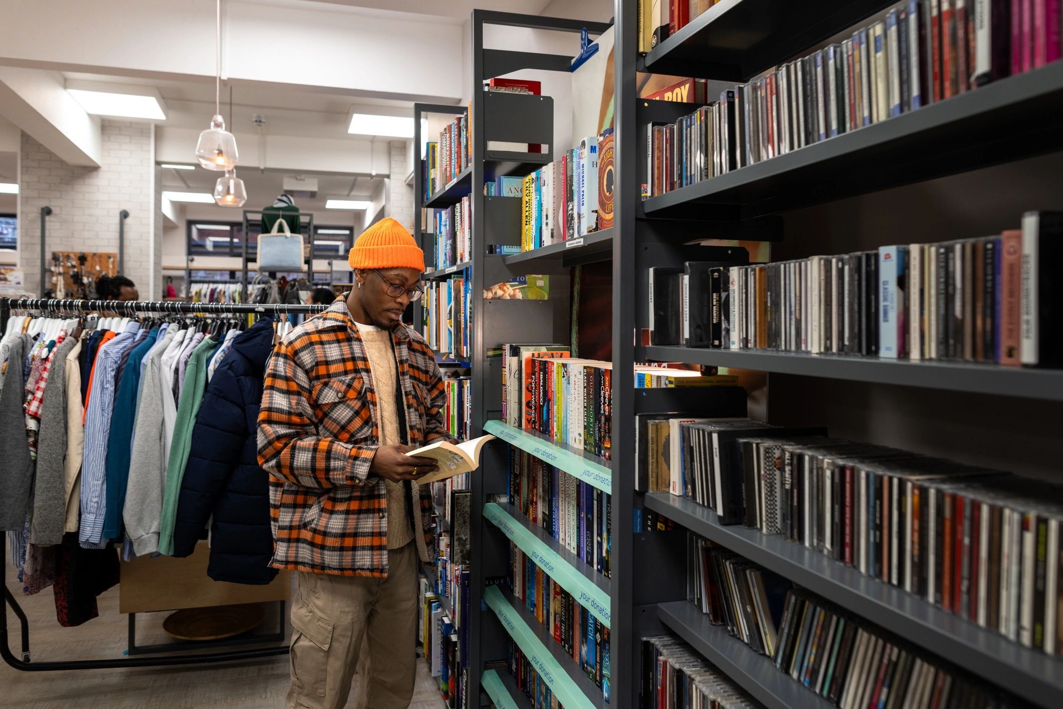 Books available for browsing in a bookstore